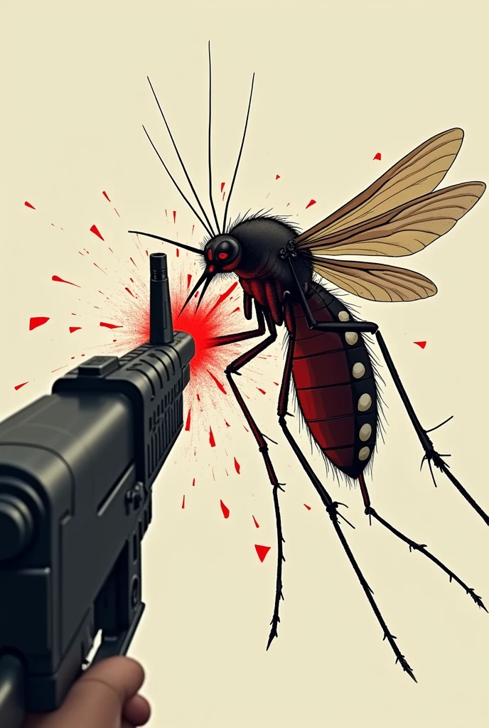 A mosquito being riddled with a Thompson machine gun