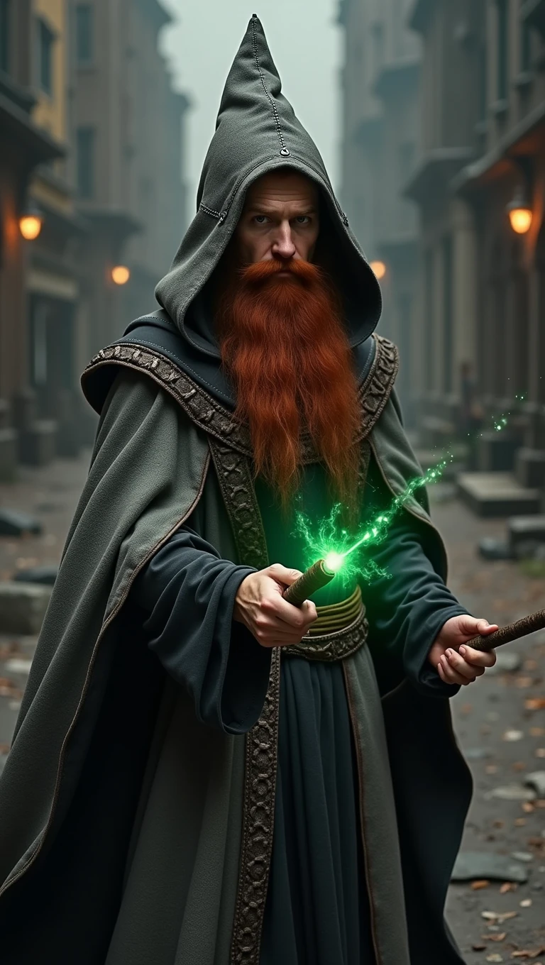A 30 year old red-haired wizard with a long beard, wearing a gray cloak with black and a pointed hood, he holds a wand in his hand as green magic comes out of it, behind him is a post apocalyptic city with a dark fog.