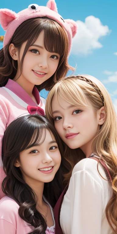 Perfect anime illustration, 100 Girls, all girls are sisters, The sisters are close together, Sisters in the background, Matching hairstyles, Brown Hair, Blonde, Curly Hair, Matching hairstyle, Hazel Eyes, Smiley Nutting Costume), High resolution, whole body