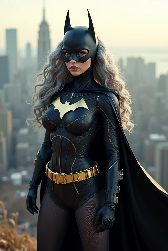 A beautiful youthful looking Hispanic version of a gray haired Selena Gomez as a 50 years old woman with long her completely gray hair in a big curls styles as the superhero batwoman wearing a batwoman costume with a hood standing on top of a hill overlooking a big city