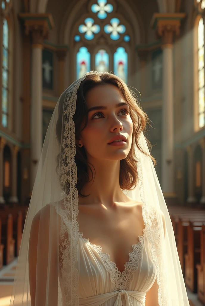 A WHITE, de 18 anos, Brazilian, withe dress , in a catholic church wearing a mass veil, medium length, wavy dark blonde hair, and dark brown eyes