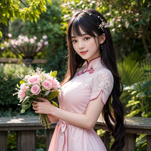 best quality, Delicate face，beautiful visual work, lifelike,  eternity, black hair, Long curly hair, blunt bangs, Smile, In the flower garden, flower, Detailed Background,  Delicate face，pink blush，cold，((masterpiece))、(top quality)、8k、high detail、Super detailed，21 years old female，Wearing Chinese cheongsam、Seductive and whimsical style、masterpiece、born、Scenes resembling fairy tale illustrations、Intricate details and complex designs、Beautifully、magic、capricious、 Beautifully、Dream aesthetics、「𝓡𝓸𝓶𝓪𝓷𝓽𝓲𝓬、ethereal、charming、fickle、magic」、Realism、Visual effects、FXAA、SSAO、Shaders、voiceless、ambient lighting、Tone mapping、High resolution、Ultra high quality、Million pixels、(8K resolution:1.10)、8k、Below 8K、8K resolution、high detail、intricate details， (high quality:1.2、masterpiece:1.2、:1.21)、(21 years old female:1.21)、(Smile excitedly)、(Surrounded by the dreamy atmosphere、Model diagram，full-body shot，Normal 2 feet，Don't show your fingers
