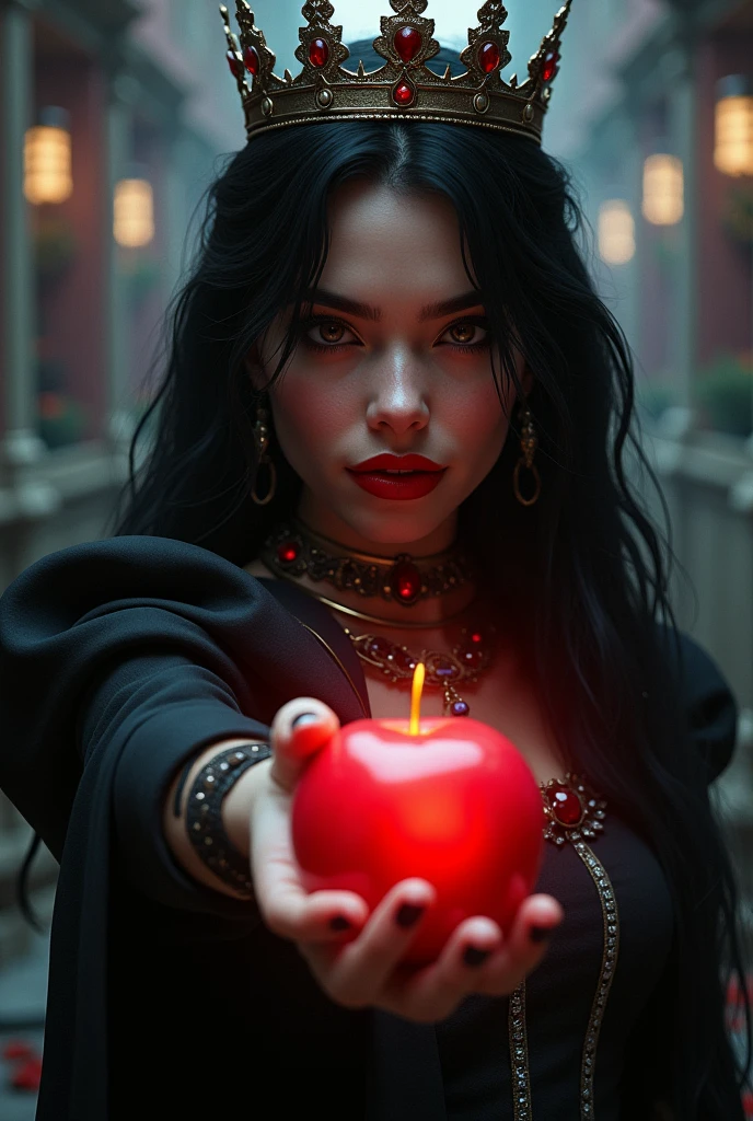 ((RAW Photo), absurd, (absurdresolution)), masterpiece, best quality, (Extremely detailed 8k unity CG wallpaper), (best illustration), (best shadow), Realistic lighting, beautiful detailed glow, ((21 years old)), girl, long black hair, black queen, accessories, apple in hand, poisoned apples, witch queen, red lipstick, (((Photographic Perspective of her)))