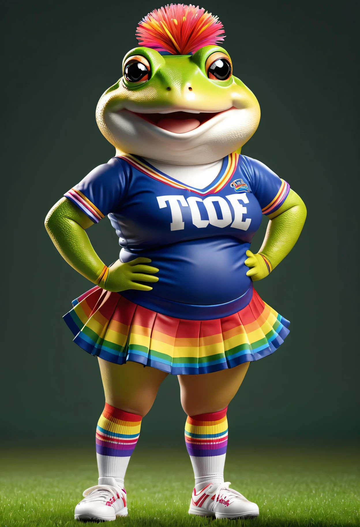 photorealistic portrait of Dressed animals - a ((fat)) rainbow color (toad) cheerleader,(full body image from head to toe:2.0), (hands on hips:2.0),(standing), (happy smile:1.2),high quality,(lovely) , highly detailed cute  top with team logo ,intricate detailed  short pleated skirt, highly detailed ((cheerleader's costume)) ,(highly detailed sox and sneakers),(natural toad skin), (happy), natural lighting,,( grass sports field background),