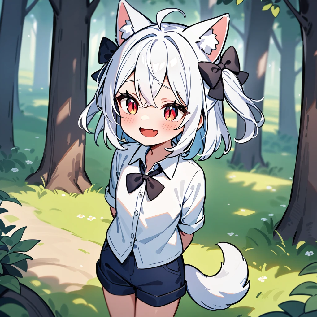 （masterpiece：1.2，high quality），4K，High resolution，A seven-year-old girl，cute girl，white hair，short hair，hair two side up，hair bow，crossed bangs，red eyes，slit pupils， ahoge，cat ears，laughing，skin fang，Wearing a white shirt，collar，black bow tie，dark blue shorts，Stand in the forest，There are flowering trees on both sides.，primary school student，thigh，alone，dog tail，((Hands behind your back))