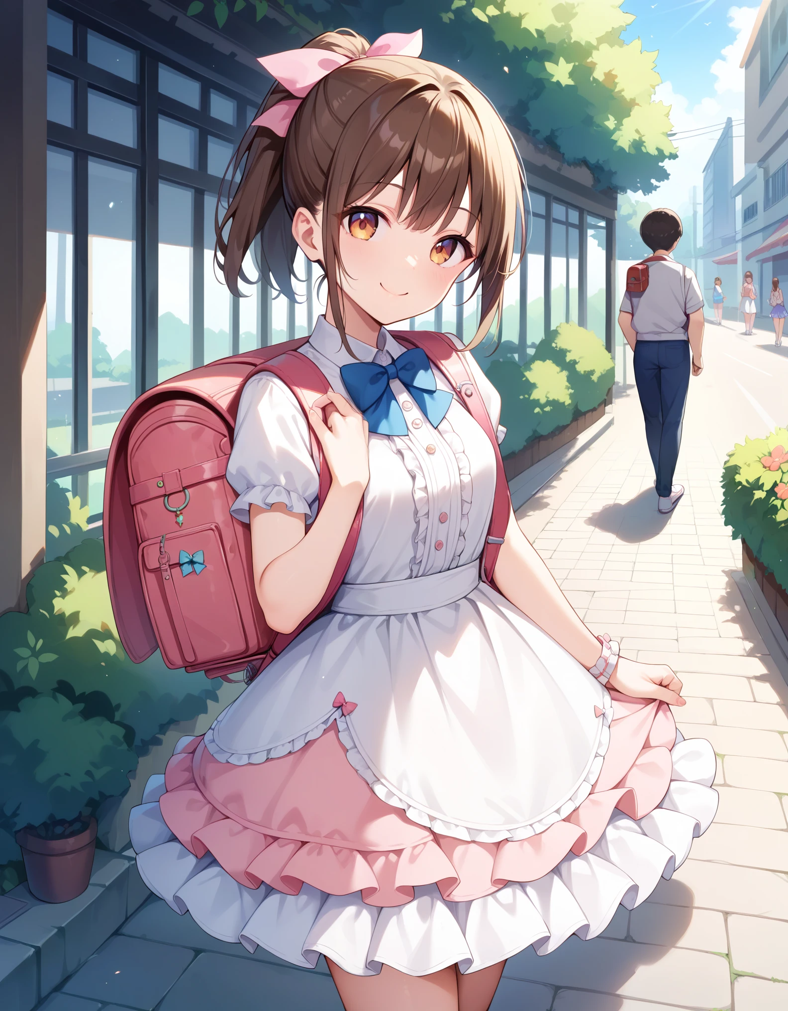 Masterpiece, hd, 1girl, brown hair, ponytail, hair ribbon, wearing cute dress, frilled dress,party dress, bowtie, standing, outdoor, smile, wearing randoseru backpack,(randoseru backpack:1.2)