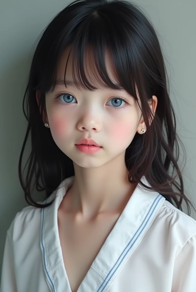 Little blue-eyed Japanese girl wearing only a blouse