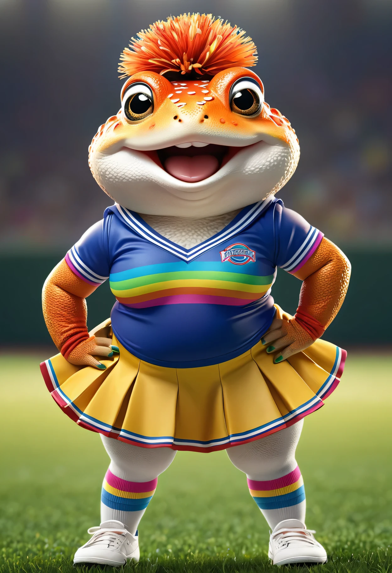 photorealistic portrait of Dressed animals - a ((fat)) rainbow color (baby toad) cheerleader,(full body image from head to toe:2.0), (hands on hips:2.0),(standing), (happy smile:1.2),high quality,(lovely) , highly detailed cute  top with team logo ,intricate detailed  short pleated skirt, highly detailed ((cheerleader's costume)) ,(highly detailed sox and sneakers),(natural toad skin), (happy), natural lighting,,( grass sports field background),