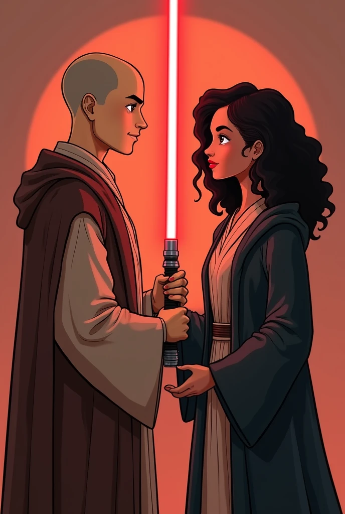 couple of man and woman where the man is dressed as a jedi with a red lightsaber in his hand, he is bald with light brown skin and the woman has brown skin, black curly hair and dressed in Gryffindor clothes and she has a wand in her hand. They're looking at each other. style cartoon. Star Wars scenario