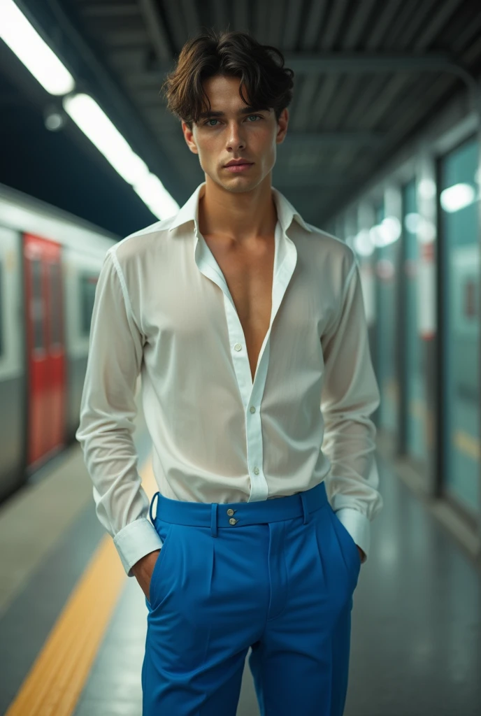 a young handsome 23 year old male model posing in a modern metro station, vibrant blue pants, semi-sheer white silk shirt, fashion style, train in the background, (best quality,4k,8k,highres,masterpiece:1.2),ultra-detailed,(realistic,photorealistic,photo-realistic:1.37), highly detailed portrait, dramatic lighting, cinematic composition, hyper realistic, moody atmosphere, warm color tones, kodak film, camera nikon Zfc, Sigma art 18mm. hyperrealism