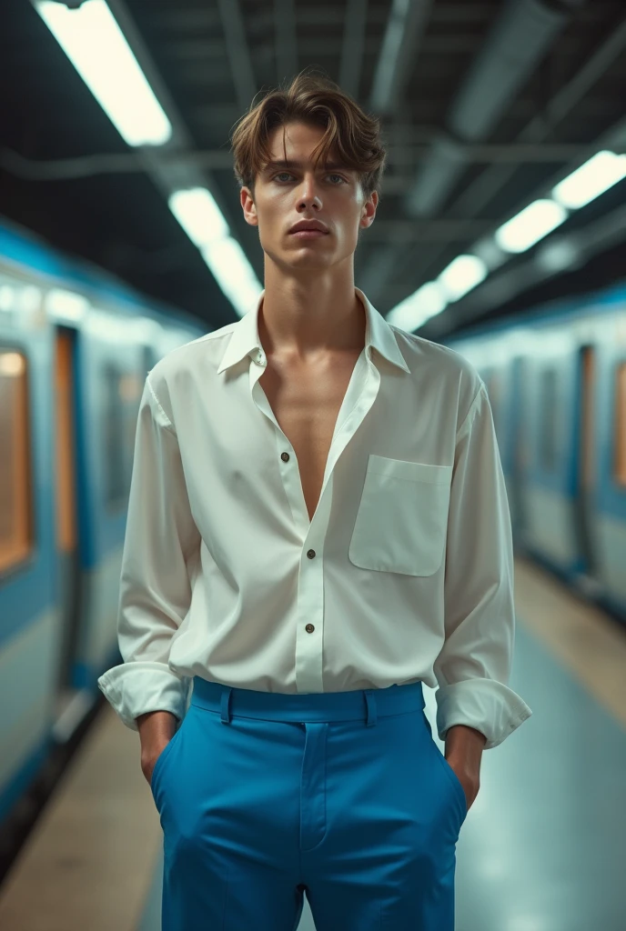 a young handsome 23 year old male model posing in a modern metro station, vibrant blue pants, semi-sheer white silk shirt, fashion style, train in the background, (best quality,4k,8k,highres,masterpiece:1.2),ultra-detailed,(realistic,photorealistic,photo-realistic:1.37), highly detailed portrait, dramatic lighting, cinematic composition, hyper realistic, moody atmosphere, warm color tones, kodak film, camera nikon Zfc, Sigma art 18mm. hyperrealism