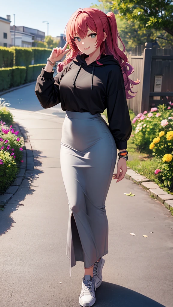masterpiece, best quality, 1girl, beautiful woman with wavy hair, pink hair, large bust, black hoodie, light gray maxi pencil skirt, long gray skirt:1.2, gray business pencil skirt, sneakers, bracelet, summer, garden, backyard, looking at viewer, full body, confident smile,