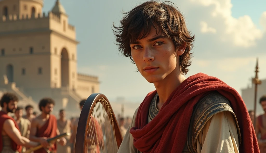 David is usually shown as a young warrior, with a confident and determined expression. He may be wearing light armor or a tunic., with a sling hanging from his waist or in his hand. The image may include the fallen giant Goliath in the background and, In another version, David may be playing a lyre, symbolizing his role as a psalm composer.