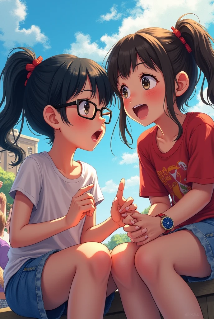 3 girls, one with glasses and black hair tied in a ponytail, the other one with loose black hair and the other girl with loose brown hair and a bit Chinese