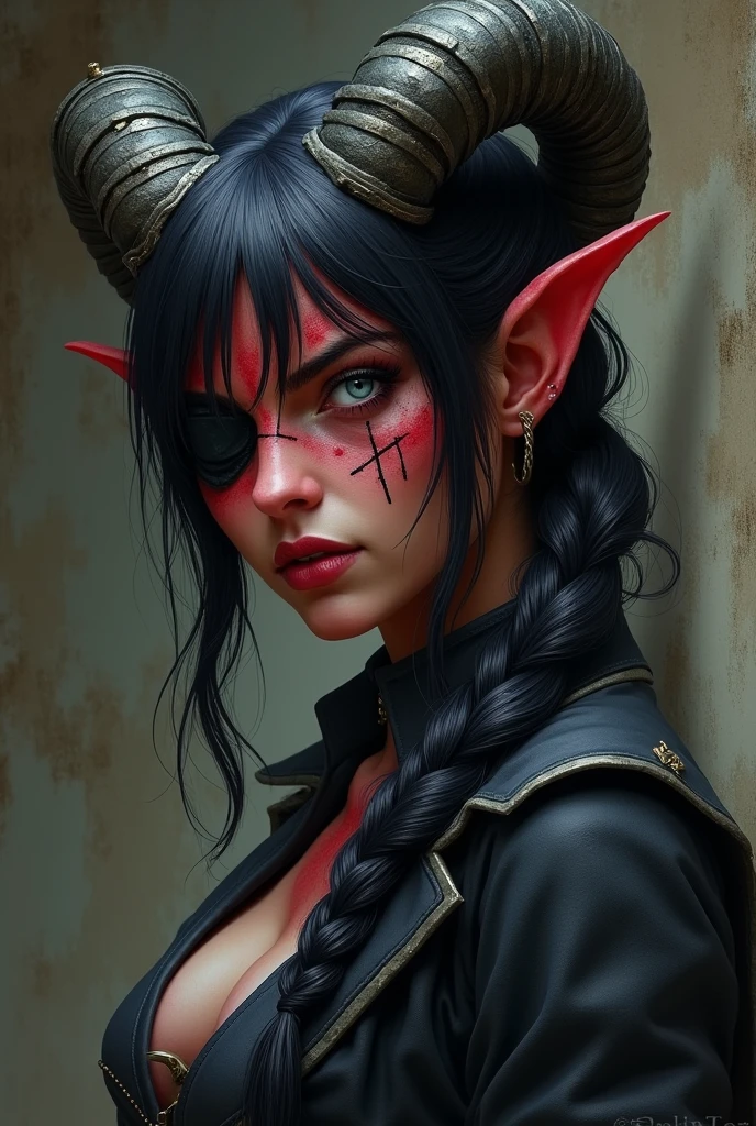 ((Mediovale)), uma mulher Tiefling, reddish skin, ram horns,  completely white eyes, eye patch on the left side, scar under the eye patch, scar on the lips on the right side, Bblack hair, hair tied in a bun, scraping both sides, a braid on each side of the bangs.