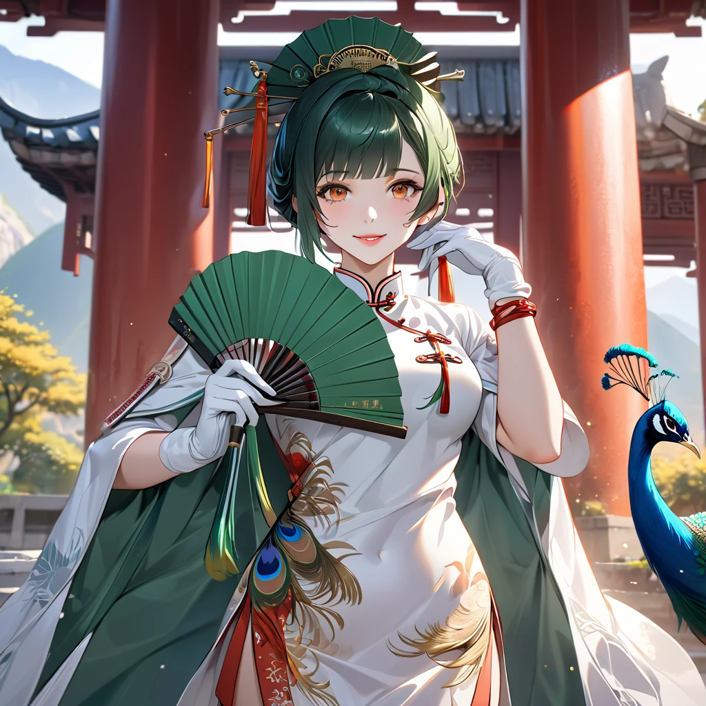 A woman wearing a traditional yellow Chinese uniform, peacock feather on the sleeve of the uniform, wearing a white fur cape, holding a green fan, standing in a large courtyard with traditional Chinese aesthetics, pillars in the distance, mountains in the background, location by day, green hair, tied up hair, orange eyes, smiling, perfect face, perfect lips, Punishing_Gray_raven, Hanying. UHD, masterpiece, accurate, anatomically correct, textured skin, super detail, high quality, best quality, 8k, high resolution, bokeh effect.(solo woman),white gloves, close view.
