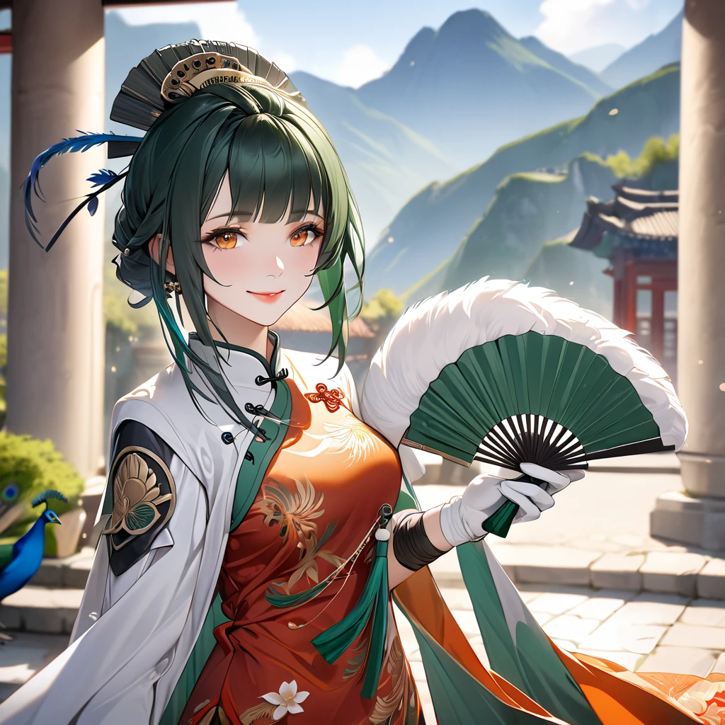 A woman wearing a traditional yellow Chinese uniform, peacock feather on the sleeve of the uniform, wearing a white fur cape, holding a green fan, standing in a large courtyard with traditional Chinese aesthetics, pillars in the distance, mountains in the background, location by day, green hair, tied up hair, orange eyes, smiling, perfect face, perfect lips, Punishing_Gray_raven, Hanying. UHD, masterpiece, accurate, anatomically correct, textured skin, super detail, high quality, best quality, 8k, high resolution, bokeh effect.(solo woman),white gloves, close view.
