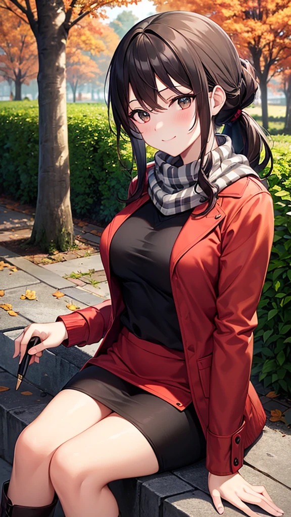 masterpiece, best quality, high detail, 1girl, beautiful woman, wavy hair, dark brown hair, low ponytail, messy hair, large bust, red jacket, sweater, black midi pencil skirt, long black skirt:1.2, boots, white scarf, bracelet, autumn, trees, leaves on ground, park, garden, stone, sidewalk, upper body, looking at viewer, light smile, atmospheric, moody