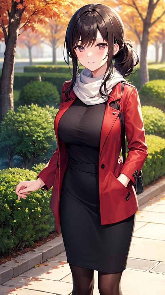 masterpiece, best quality, high detail, 1girl, beautiful woman, wavy hair, dark brown hair, low ponytail, messy hair, large bust, red jacket, sweater, black midi pencil skirt, long black skirt:1.2, boots, white scarf, bracelet, autumn, trees, leaves on ground, park, garden, stone, sidewalk, upper body, looking at viewer, light smile, atmospheric, moody