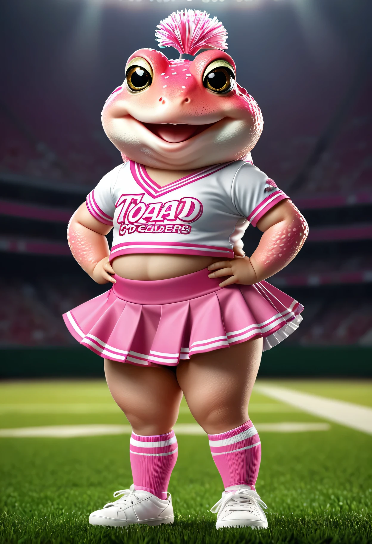 photorealistic portrait of Dressed animals - a ((fat)) pink (baby toad) cheerleader,(full body image from head to toe:2.0), (hands on hips:2.0),(standing), (happy smile:1.2),high quality,(lovely) , highly detailed cute  top with team logo ,intricate detailed  short pleated skirt, highly detailed ((cheerleader's costume)) ,(highly detailed sox and sneakers),(natural toad skin), (happy), natural lighting,,( grass sports field background),