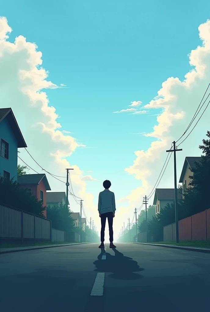 Person with back standing on the road in front of the sky and houses around 