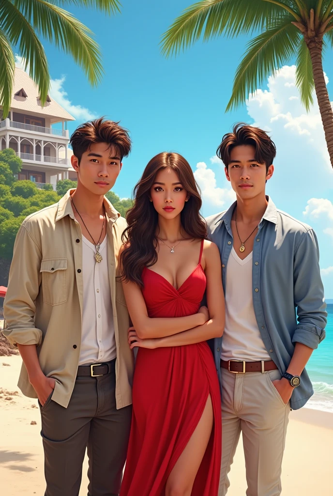 I want a cover for my book where it appears, a beach with a very luxurious hotel, Three men of different ages who are Asian and handsome and one of them looks like Ok Taecyeong from the band 2pm and a young Latin American woman with brown hair and gray eyes and who is dressed in a red dress who is not Asian