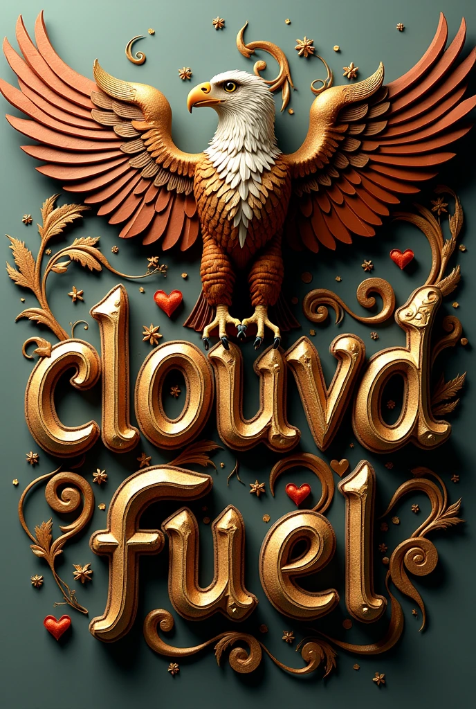 A mesmerizing 3D illustration of the name "clouvd fuel" in exquisite gold letters with enchanting fantasy-inspired typography. The intricate design features swirling patterns and decorative elements, creating a sense of depth and dimension. Atop the name, a majestic coffee-colored eagle spreads its vibrant wings, revealing small hearts within the intricate details. The enchanting charm of the composition is accentuated by the artistically positioned artwork to the right, showcasing a variety of forms and detailed elements that enhance its overall impact. The muted background highlights the rich colors and intricate details of the central elements, resulting in a captivating and luxurious piece, masterfully crafted through the fusion of high-quality photography, 3D rendering, and illustration techniques., typography
