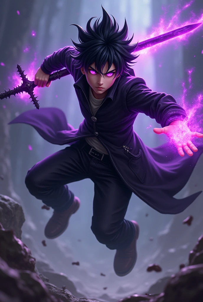 Raising a handsome young boy, with black spiky hair, violet power coming out of the eyes, wearing a black jacket , jumping and screaming, with a black sword with a thorn handle, 