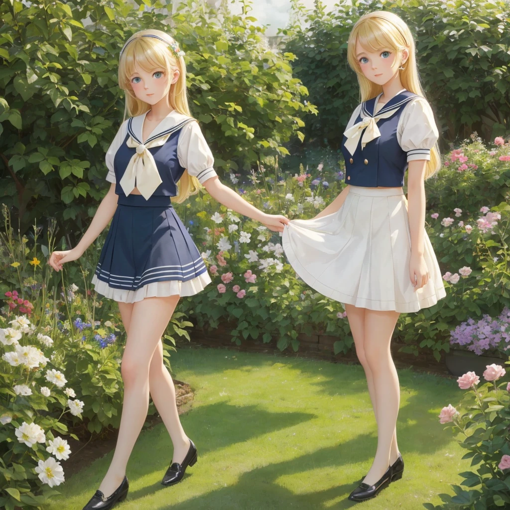 3 girls, long hair, Big , Blushing, blond, Green-eyed sailor suit short skirt 1933 style cute and beautiful girl 18 years old in the garden beautiful long legs high resolution, best quality, masterpiece, Lift skirt mini skirt take off clothes