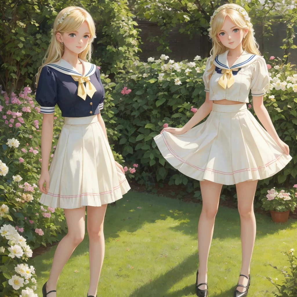 3 girls, long hair, Big , Blushing, blond, Green-eyed sailor suit short skirt 1933 style cute and beautiful girl 18 years old in the garden beautiful long legs high resolution, best quality, masterpiece, Lift skirt mini skirt take off clothes