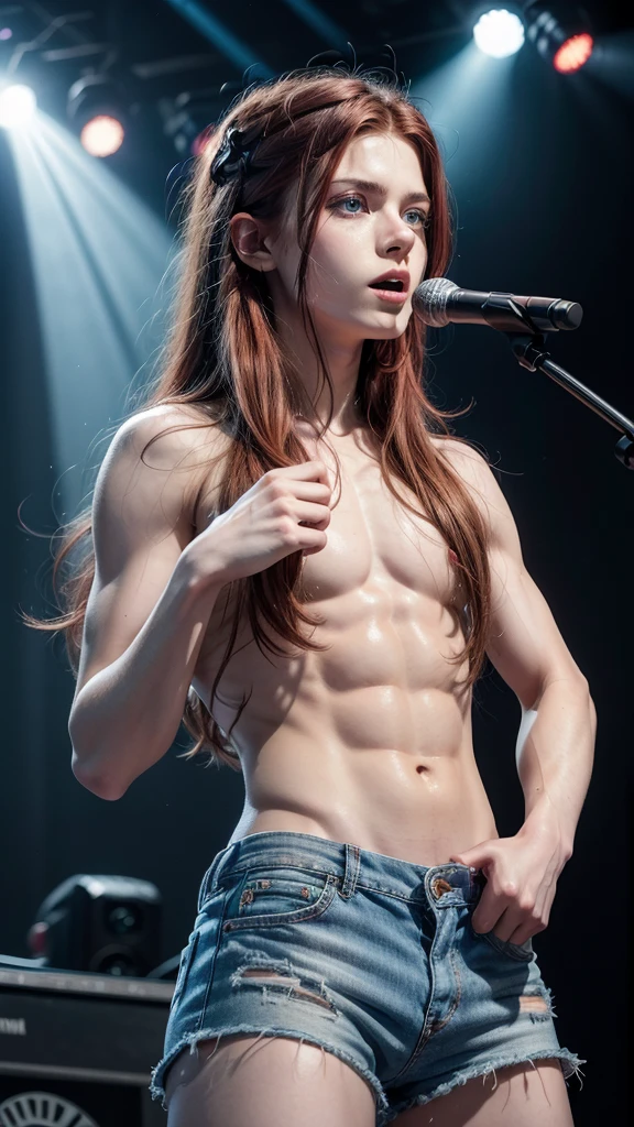 Create a realistic image of an 18-year-old male rock singer. He is white with long, waist-length red hair and blue eyes. His body is natural and athletic. He has a youthful and androgynous face, with striking beauty. He exudes the charisma and style of a rock star. Like a face Avril Lavigne Singer in 2002. Eyes perfect. Eyes BLUE detailed. Standing in front of the microphone. Wearing short jean shorts and no shirt. masculine gender. vocalista. Ruivo