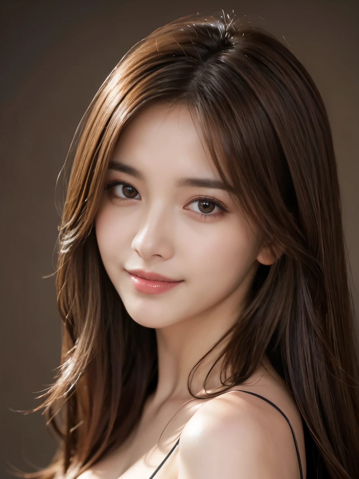 Best quality, realistically, ultra - detailed, Detailed pubic hair, A high resolution, solid color backdrop,8k wallpaper, 1 Beautiful woman, light brown messy hair, lock focus, Perfect dynamic composition, beautiful eyes, Delicate hair, Detailed realistically skin texture, Smiling, closeup portrait, Model body type, Random body orientation,