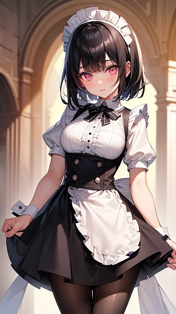 (Highest quality,High resolution,Very detailed,girl)black tights,Black Hair,short hair,Height: 160cm,cute,Pink Eyes,Wearing maid uniform,Her eyes are white and shining,Has bright white eyes,Has a shy look,