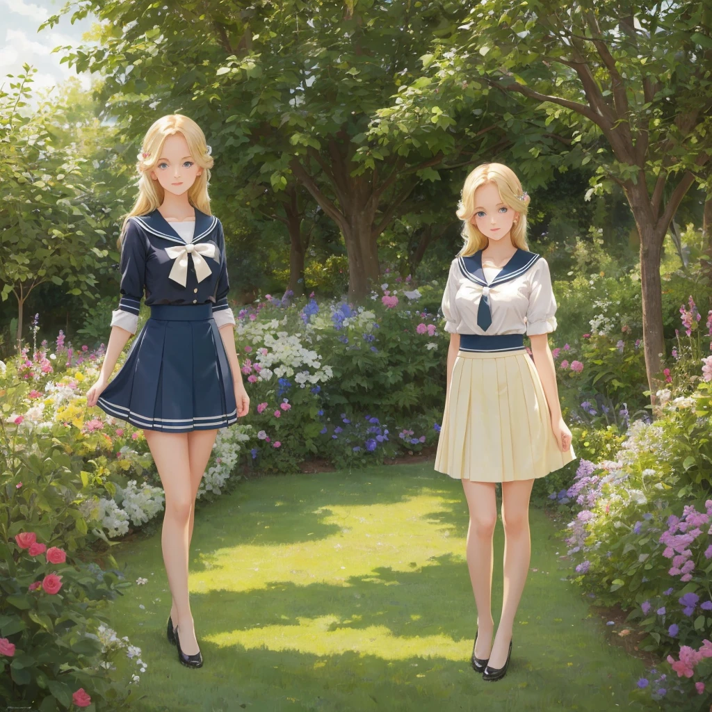 3 girls, long hair, Big , Blushing, blond, Green-eyed sailor suit short skirt 1933 style cute and beautiful girl 18 years old in the garden beautiful long legs high resolution, best quality, masterpiece, Lift skirt mini skirt take off clothes