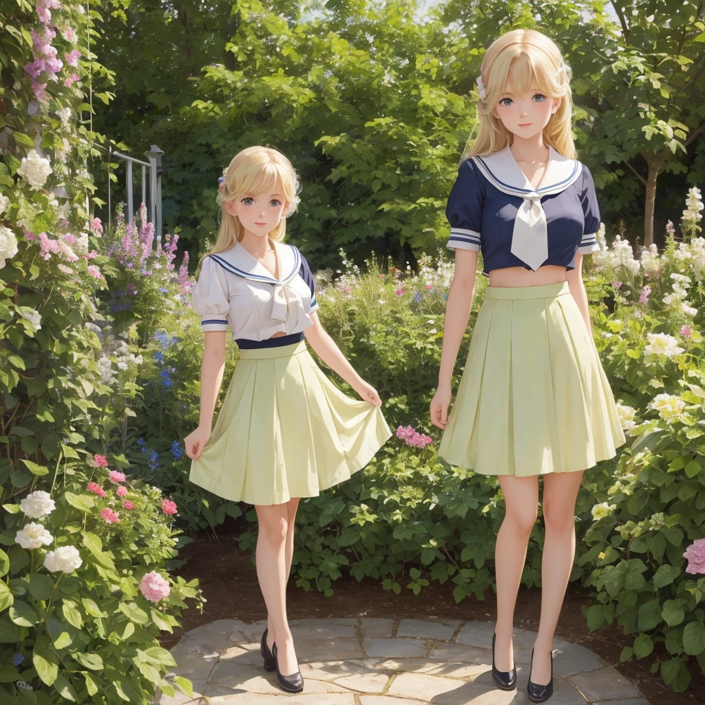 3 girls, long hair, Big , Blushing, blond, Green-eyed sailor suit short skirt 1933 style cute and beautiful girl 18 years old in the garden beautiful long legs high resolution, best quality, masterpiece, Lift skirt mini skirt take off clothes
