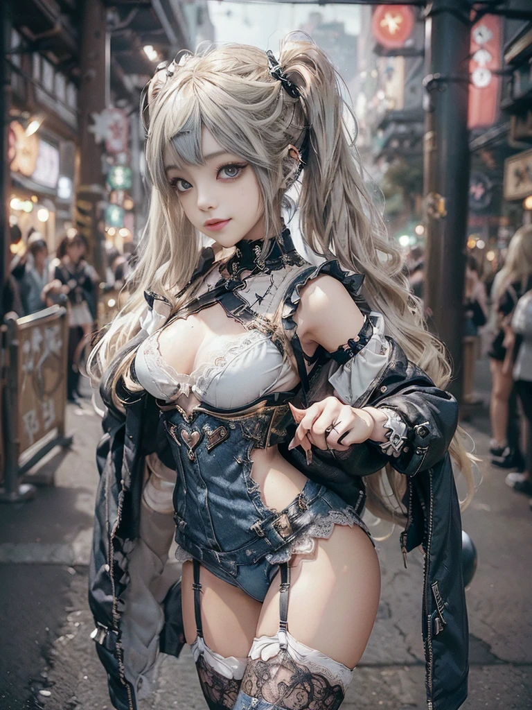 (Full Body View:1.2)、(Side view:1.1)、(Smiling with teeth showing:1.3),(Shibuya Gal:1.5)、(Beautiful:1.4)、(gothic fashion:1.5)、(Punk RockVisual Kei:1.3)、(Futuristic baby doll in black, white and denim:1.5)、(A delicate jacket in beige, white and navy:1.5)、(Denim garter belt:1.5)、(Denim and black and white bodysuit:1.4)、(Heart-shaped silver accessories:1.5)、(Brown Skin Belt:1.4)、(Blue High Heels:1.4)、(Lace patterned underwear:1.4)、28 years old、NSFW,((Highest quality、In 8K、masterpiece:1.3))、Sharp focus:1.2、(Layered Cut、Beautiful boobs:1.1),Beautiful woman with perfect figure:1.4、(Doing an aerobics pose:1.3)、Slender Abs:1.2、Butt、Highly detailed face and skin texture、Detailed eyes、double eyelid,(Twin tails:1.3)、(Light gold colored hair:1.3)、(Black brown eyes:1.3)、Obscene、Gravure idol、(Luxurious amusement park at night:1.3)、(Make your legs thinner:1.4)、(Thin thighs:1.4)、(Slim Body:1.3)、(clavicle:1.1)