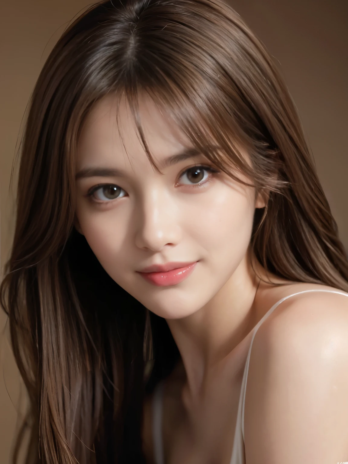 Best quality, realistically, ultra - detailed, Detailed pubic hair, A high resolution, solid color backdrop,8k wallpaper, 1 Beautiful woman, light brown messy hair, lock focus, Perfect dynamic composition, beautiful eyes, Delicate hair, Detailed realistically skin texture, Smiling, closeup portrait, Model body type, Random body orientation,