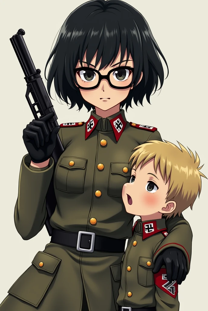 anime girl, short black hair with bangs, big tights, small waist, with glasses, wearing a nazi uniform ,holding a gun and a boy, blonde short hair, big nose, wearing a nazi uniform