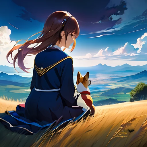 anime landscape of a girl&cute corgidog sitting on a hill with grasses with dark blue clouds, blue cere madder sky lightly big bell with few clouds, anime nature wallpapers, beautiful anime scene, beautiful anime peace scene, Makoto Shinkai Cyril Rolando, beautiful scene of anime, amazing wallpaper, anime art wallpaper 8k, anime background, art anime background, anime 4k wallpaper, anime art 4k wallpaper, anime art 4k wallpaper, prayer of requiem prayer of requiem