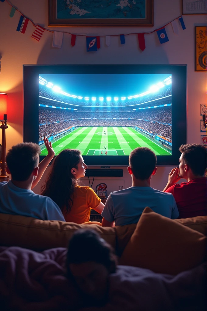 Young people watching football on TV