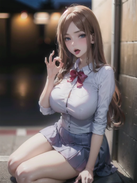 1girl, double v, breasts, outdoors, alley, happy, kneeling, from above, looking at viewer, after, cum in mouth, ahegao face, flat chest, loli, thic thighs, black stockings --auto