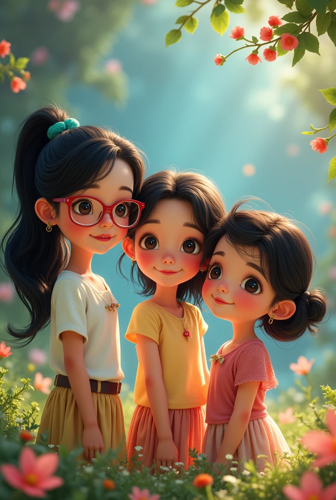 3 girls, one with glasses and black hair tied in a ponytail, the other one with loose black hair and the other girl with loose brown hair and a bit Chinese Disney version