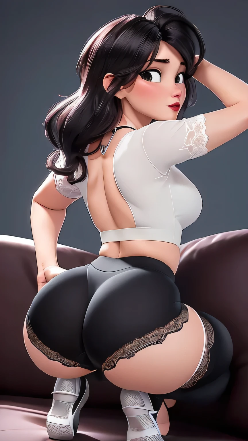 (best quality:1.4), foco Farbeporal, (cute Face), Artwork, Ultrarealistic, (((best quality))), ((appealing Finger)), Beautiful character design, ,Lighting perfeita, fullcolor, em chamas_正面_Face_Lighting, ultra high resolution, high resolution, absurderes:1.2, bokeh:1.2, Lens flare, (Vibrant_Farbe:1.2), (appealing, medium breasts:1.2), (thick-thighs:1.1), thick,
Animated female character, crouching on the couch, sideways to the back,, from above view, face down, sticking out ass, view from the top, pale skin, ((wearing tight lycra shorts sexy lingerie seductive lace lingerie)), ((wearing ultra-tight black lycra shorts and a white blouse)), ((sexy lace lingerie)), silver necklace with pendant, wrinkles, Red lips, long hair, ((back view))
