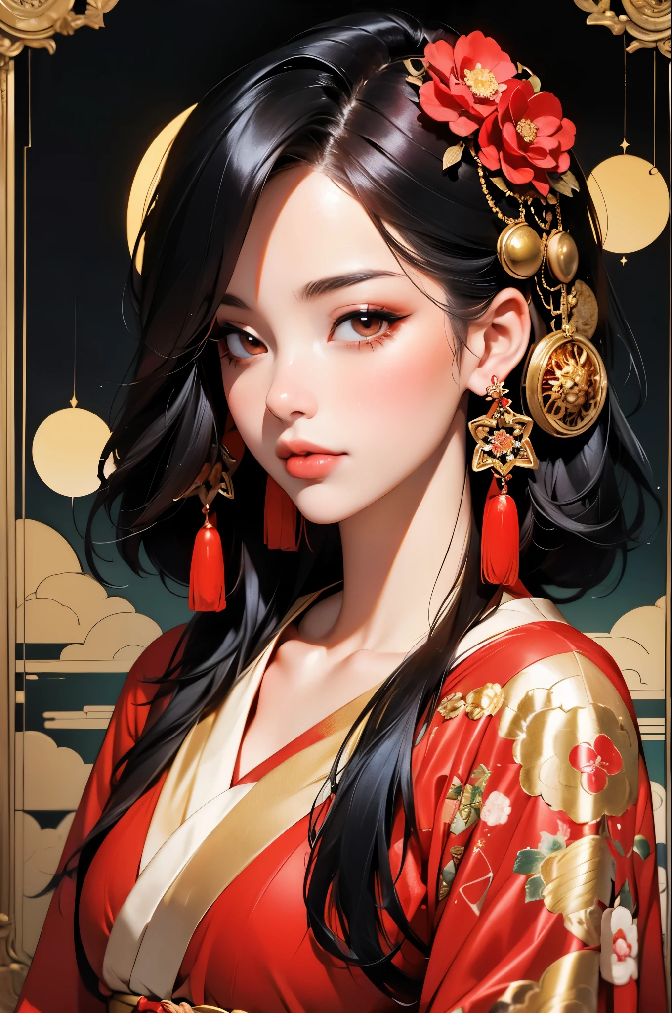 black widow in a sexy revealing golden red kimono dress with a gold halo, japanese goddess, chie yoshii, elegant japanese woman, revealing look, portrait of a beautiful geisha, intricate sexy geisha kimono, japanese art style