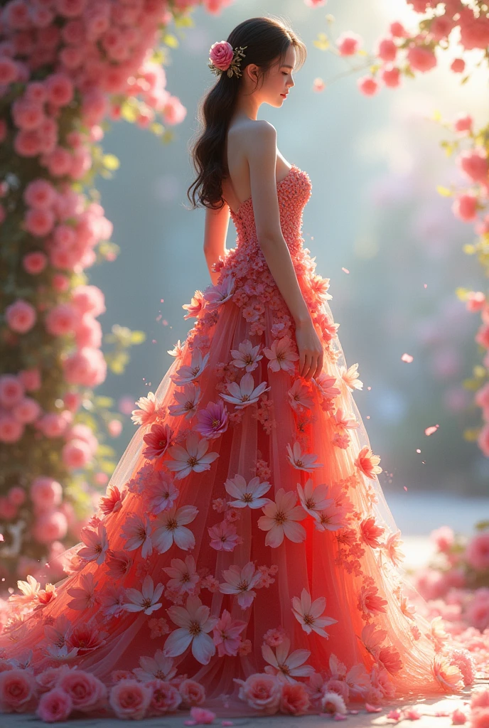 A gown made with all kinds of flowers
