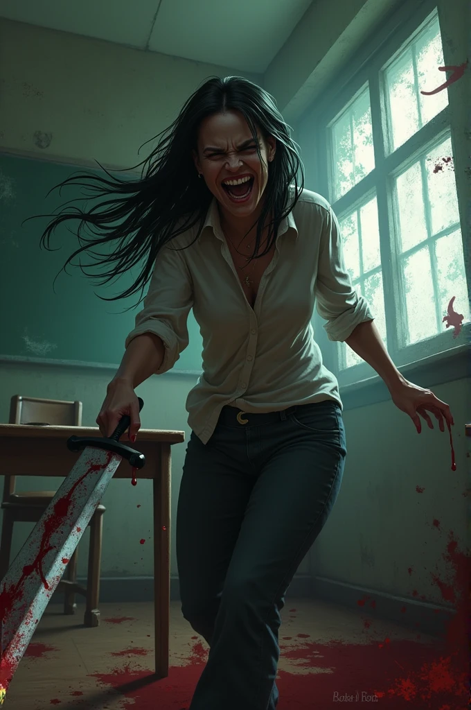 A teacher holding a sword covered in blood. she is laughing