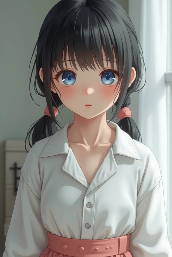Full body of a little blue-eyed Japanese girl wearing only a blouse