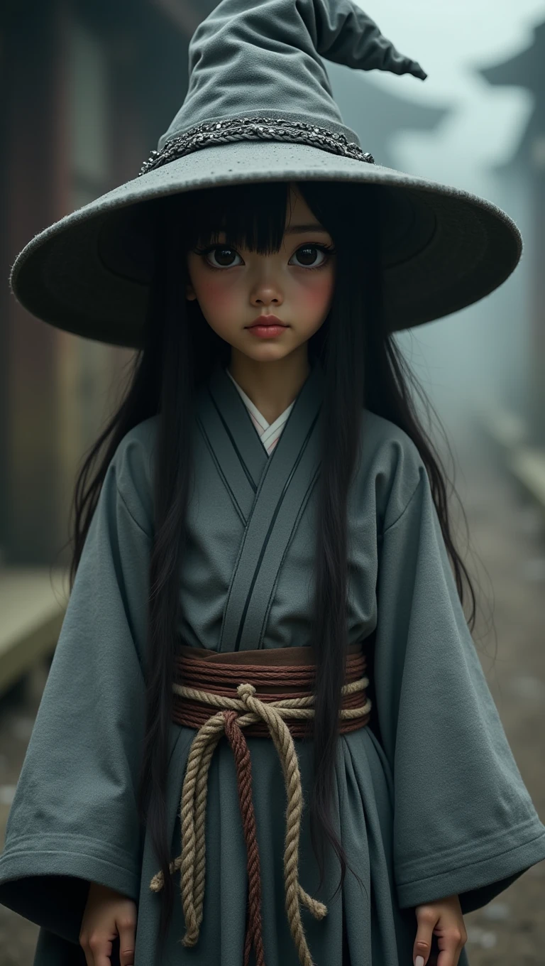 a young Japanese witch , wearing a gray cloak mixed with kimono and a gray and black pointed witch hat. Behind her is a post-apocalyptic world with a dark fog.