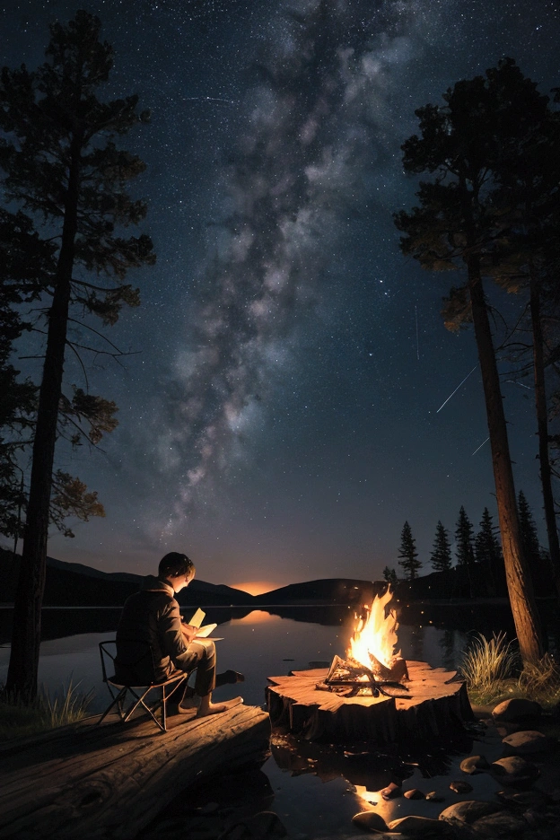 Create for me a boy camping on the edge of a lake with his back to the water lit by the silvery glow of the moon and shooting stars at night.. Near your camping tent, sitting on a piece of tree trunk in front of the fire, roasting machimlelo and reading a book., on the right side of the fire he has a black and white kitten as his companion