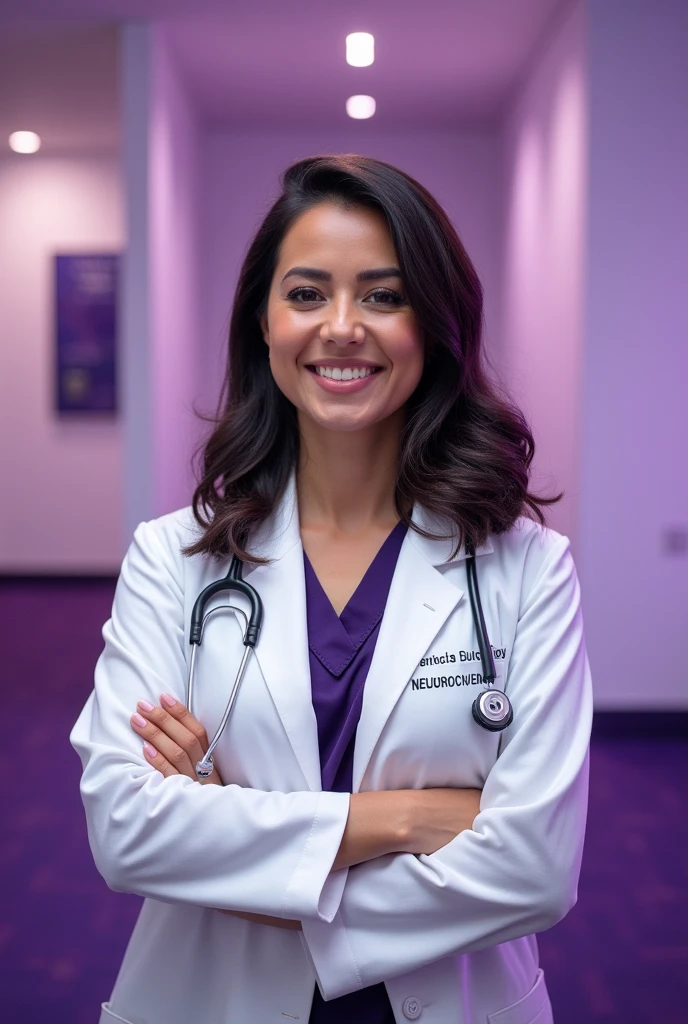 Create an advertisement with a real image, opening of Neurosurgery office, using the color purple in different shades and a photo of Dr.. Diana Paz Hernández with her name highlighted Add the name of the Doctor and some of the services she offers to the image above Add text to one side of the image Add the highlighted word NEUROCIRUJANA